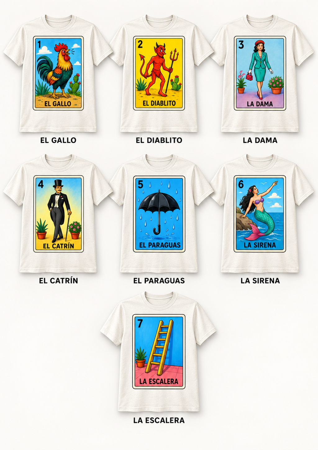 Playera Blanca Sublimada Lotería Mexicana | 53 Diseños Disponibles
