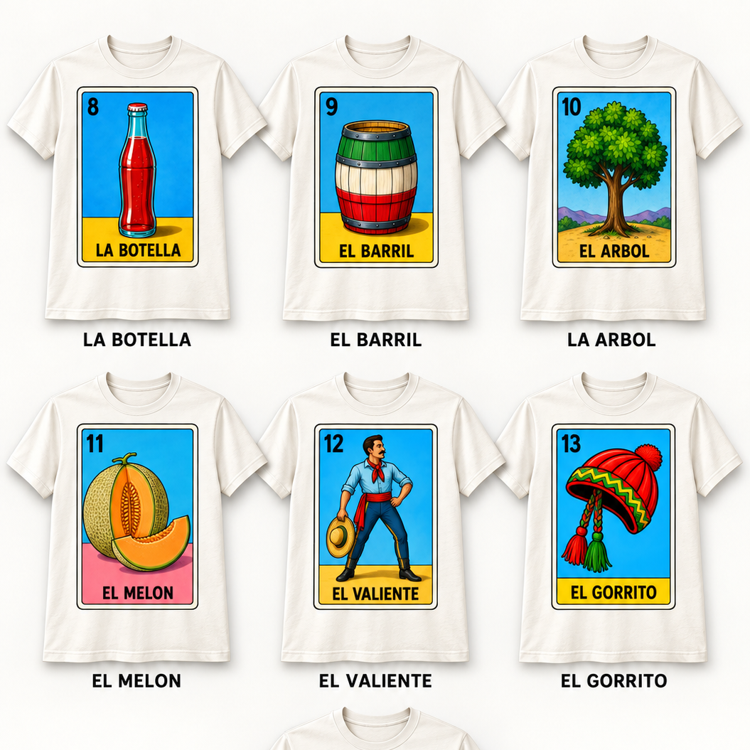 Playera Blanca Sublimada Lotería Mexicana | 53 Diseños Disponibles
