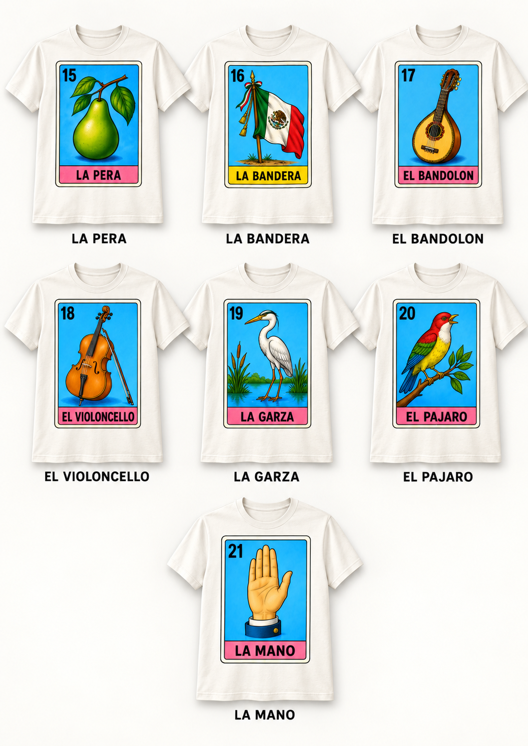 Playera Blanca Sublimada Lotería Mexicana | 53 Diseños Disponibles