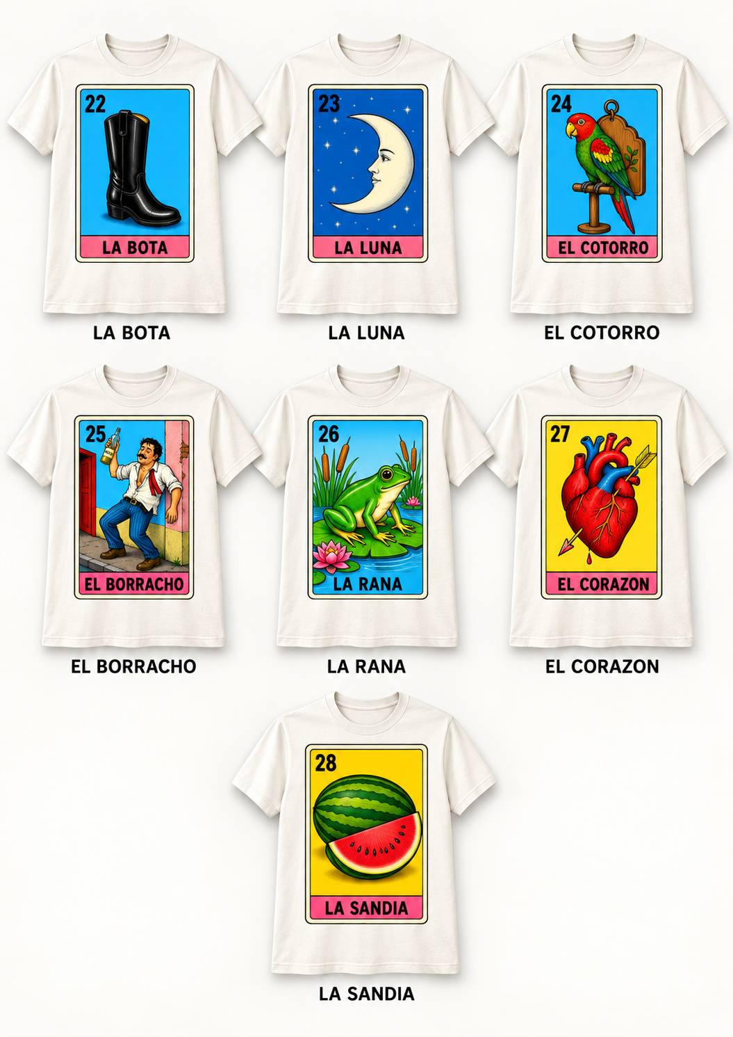 Playera Blanca Sublimada Lotería Mexicana | 53 Diseños Disponibles