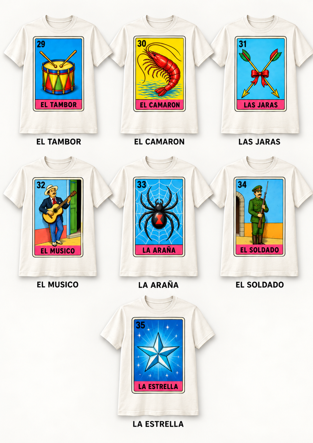 Playera Blanca Sublimada Lotería Mexicana | 53 Diseños Disponibles