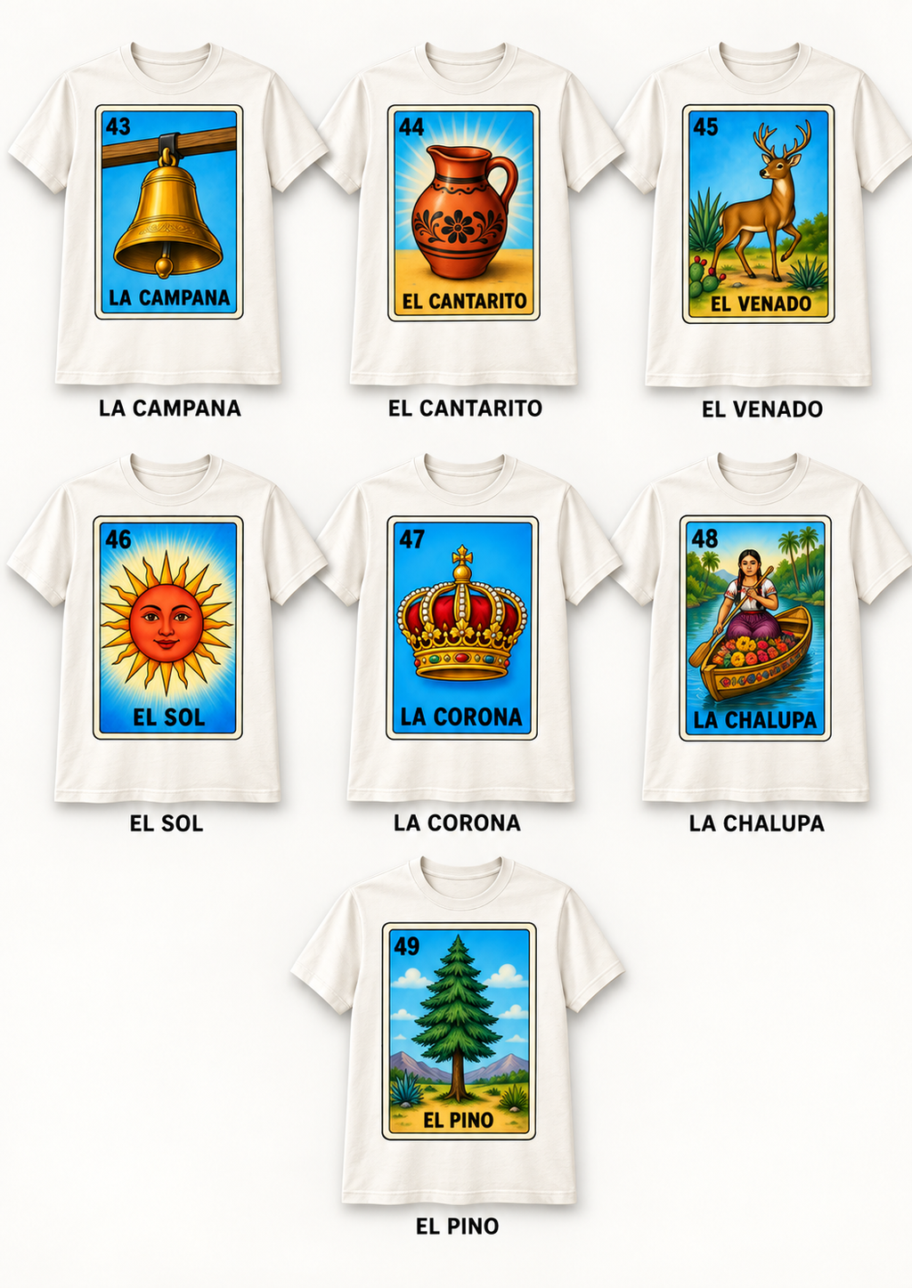 Playera Blanca Sublimada Lotería Mexicana | 53 Diseños Disponibles