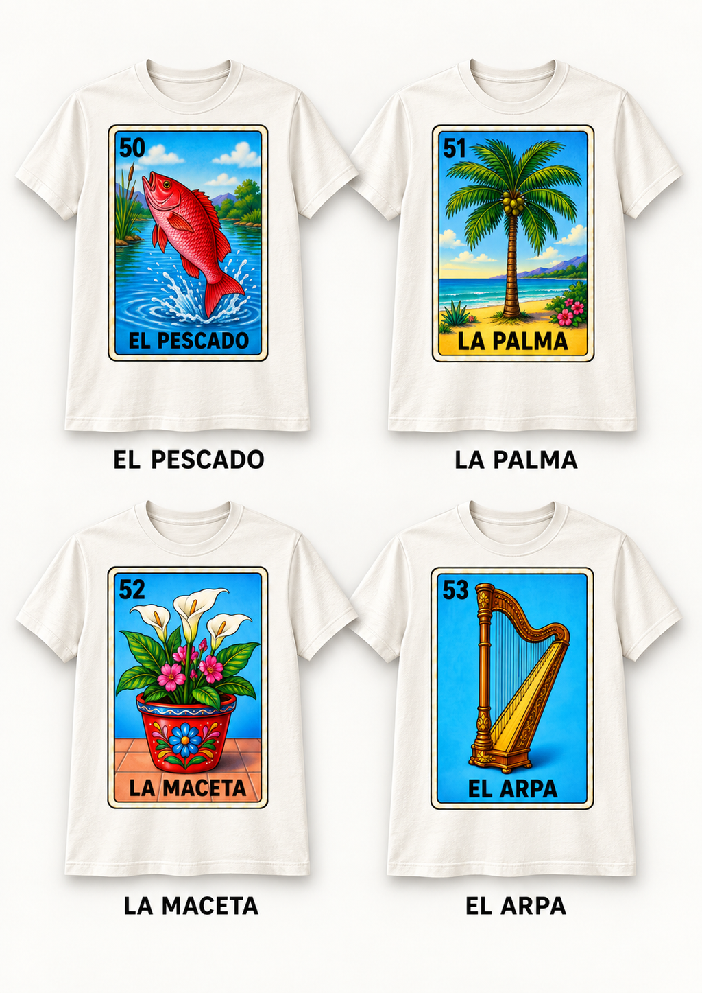 Playera Blanca Sublimada Lotería Mexicana | 53 Diseños Disponibles